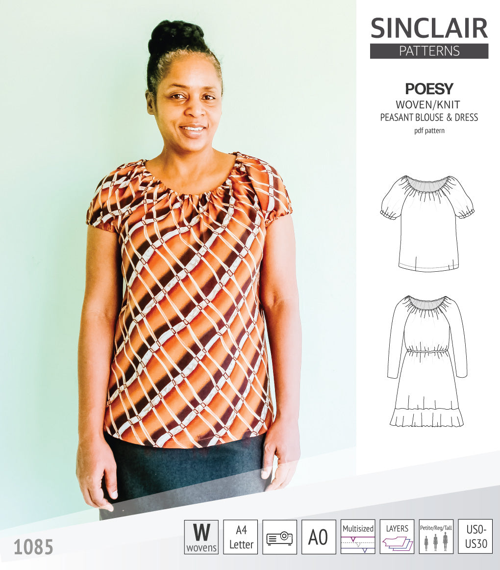 Sinclair Patterns S1085 Poesy peasant style blouse tunic and dress for woven and knit fabrics