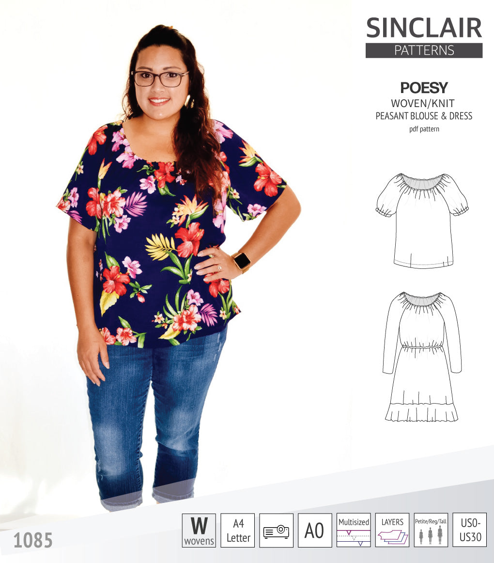 Sinclair Patterns S1085 Poesy peasant style blouse tunic and dress for woven and knit fabrics