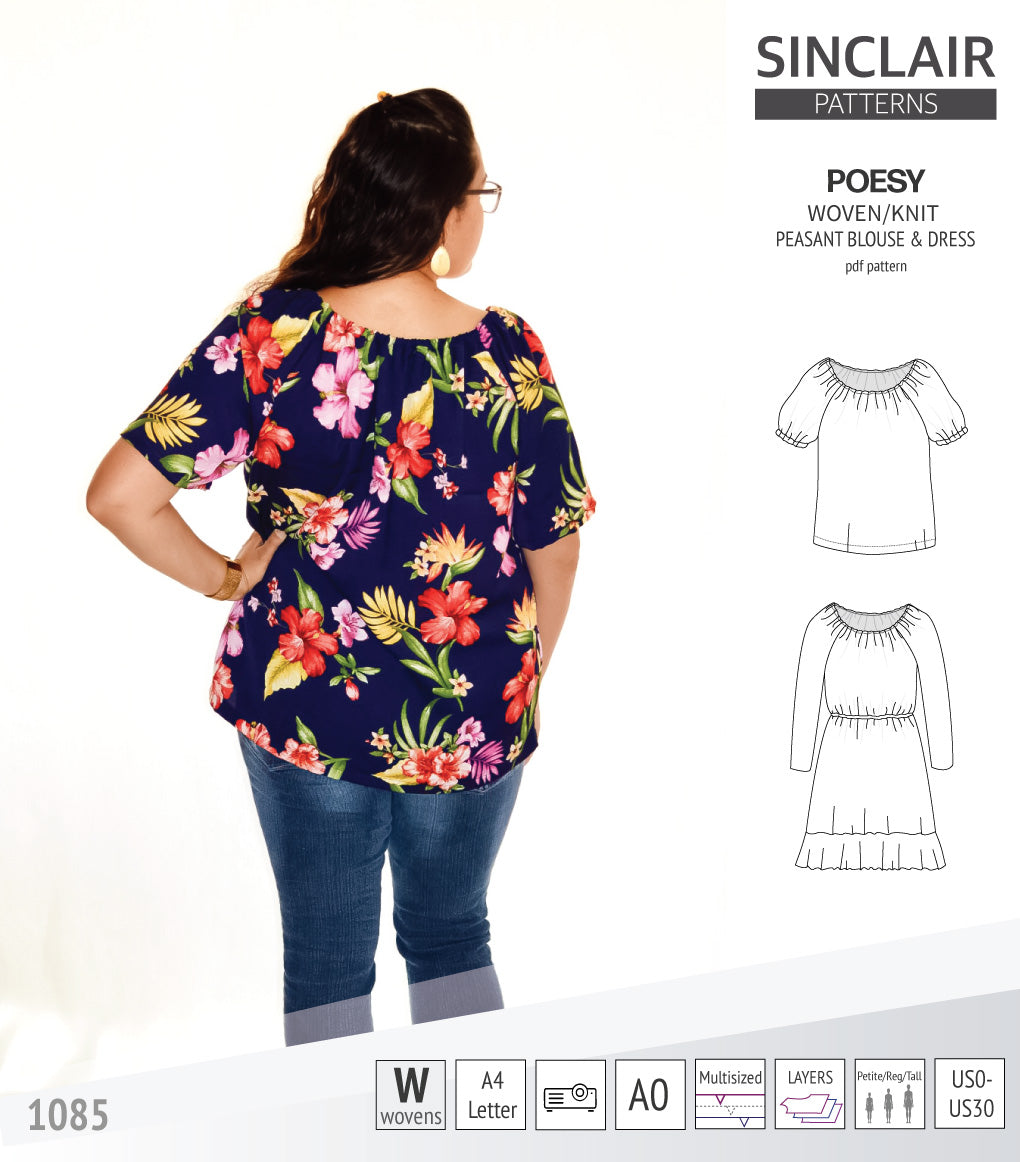 Sinclair Patterns S1085 Poesy peasant style blouse tunic and dress for woven and knit fabrics