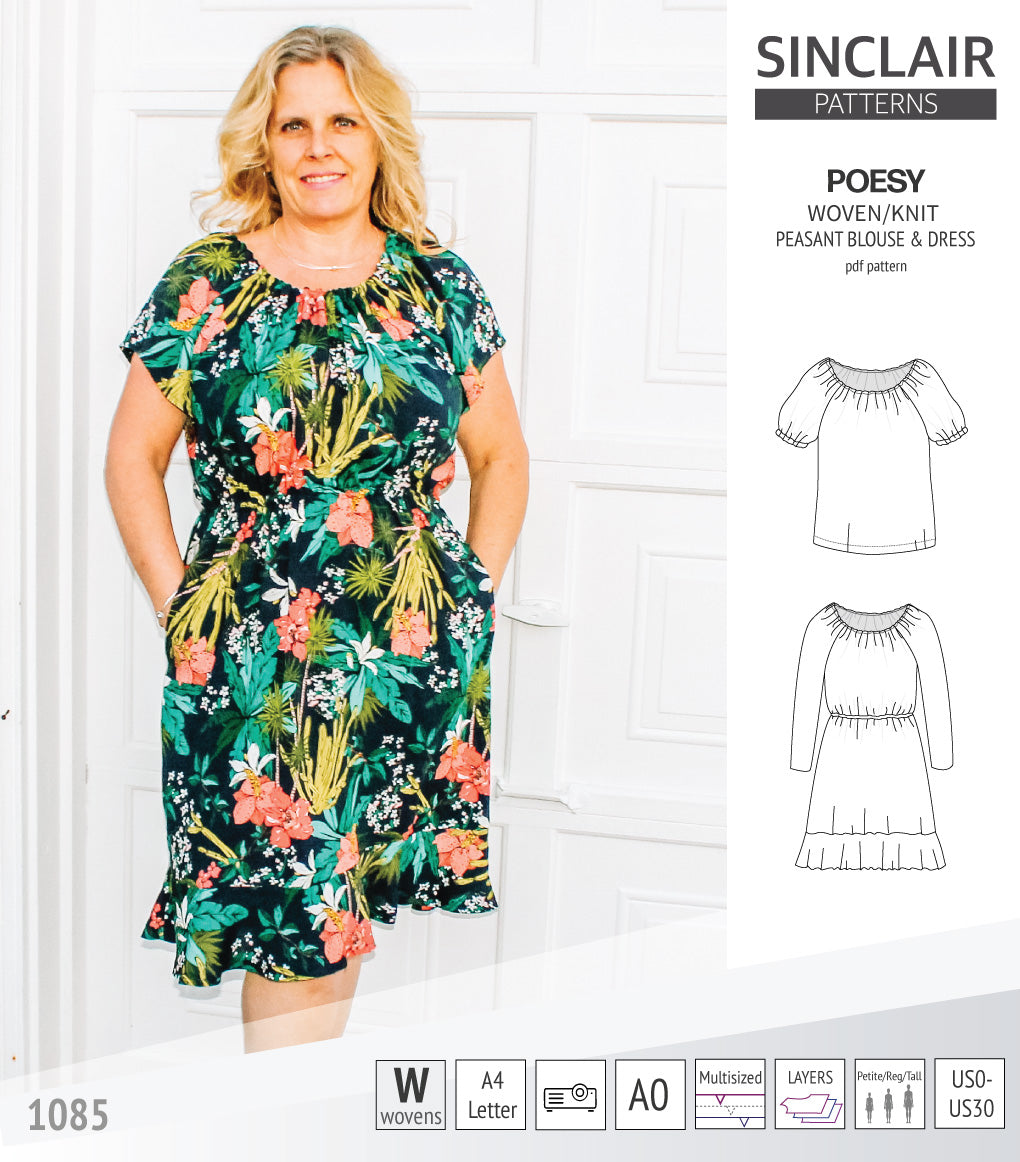 Sinclair Patterns S1085 Poesy peasant style blouse tunic and dress for woven and knit fabrics