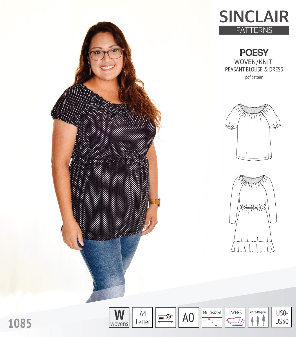 Sinclair Patterns S1085 Poesy peasant style blouse tunic and dress for woven and knit fabrics