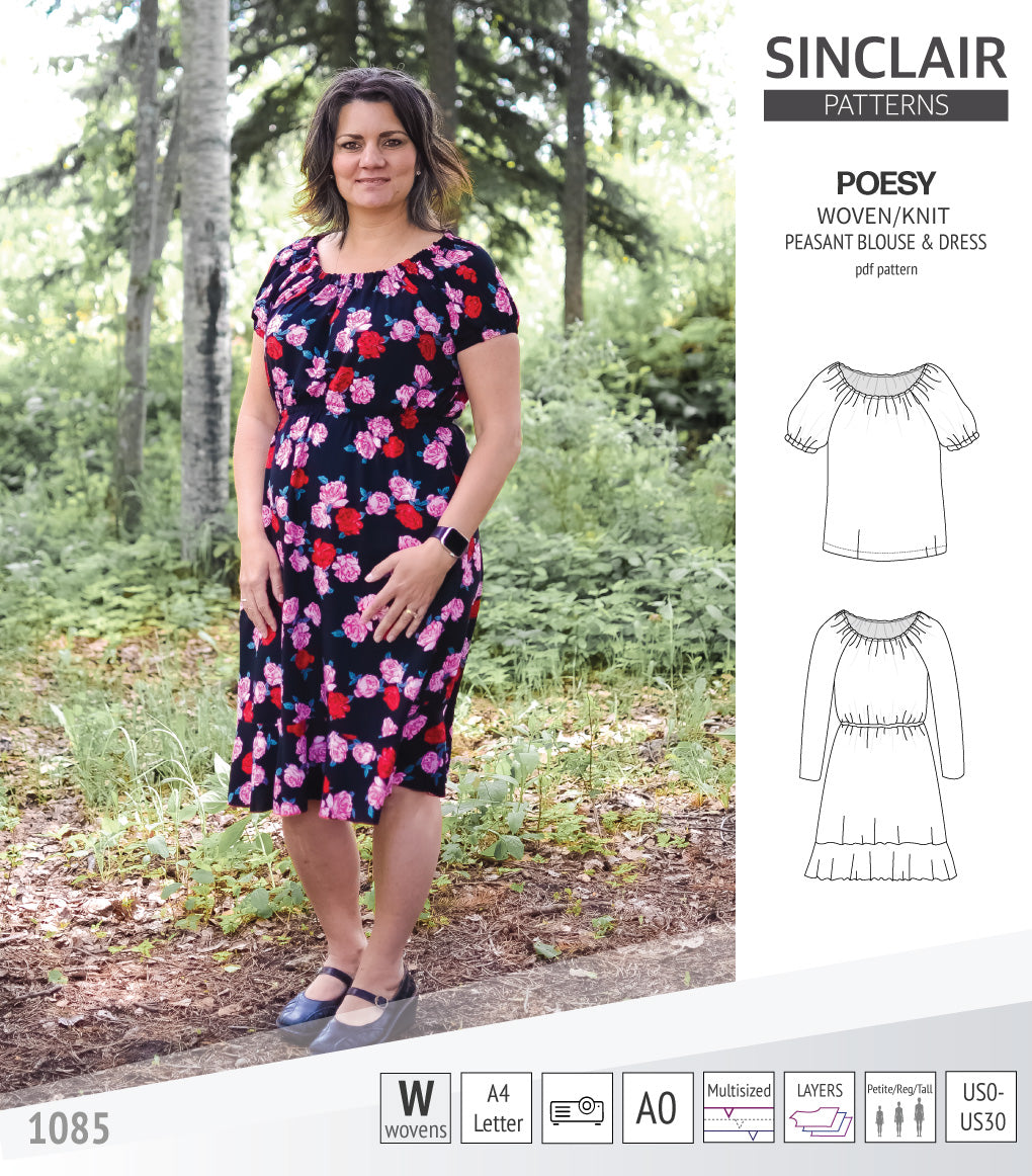 Sinclair Patterns S1085 Poesy peasant style blouse tunic and dress for woven and knit fabrics