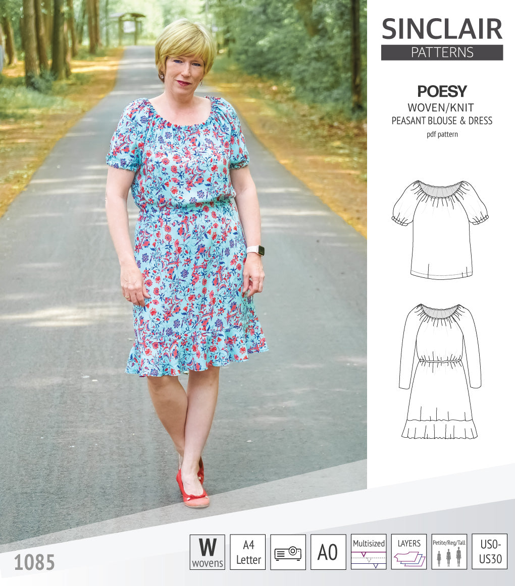 Sinclair Patterns S1085 Poesy peasant style blouse tunic and dress for woven and knit fabrics