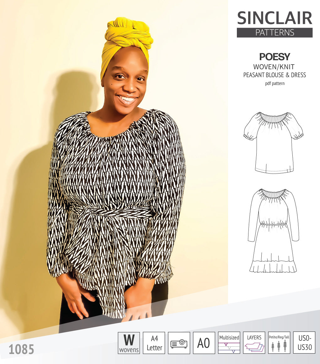 Sinclair Patterns S1085 Poesy peasant style blouse tunic and dress for woven and knit fabrics
