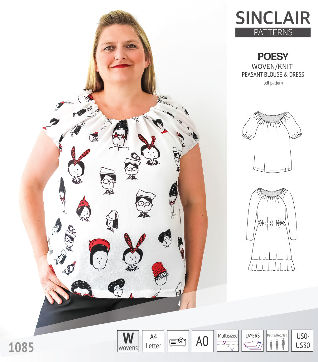 Sinclair Patterns S1085 Poesy peasant style blouse tunic and dress for woven and knit fabrics