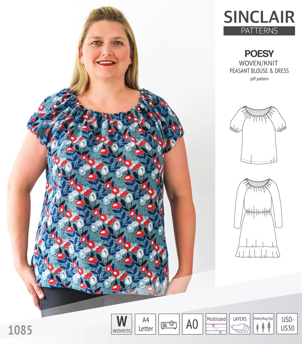Sinclair Patterns S1085 Poesy peasant style blouse tunic and dress for woven and knit fabrics
