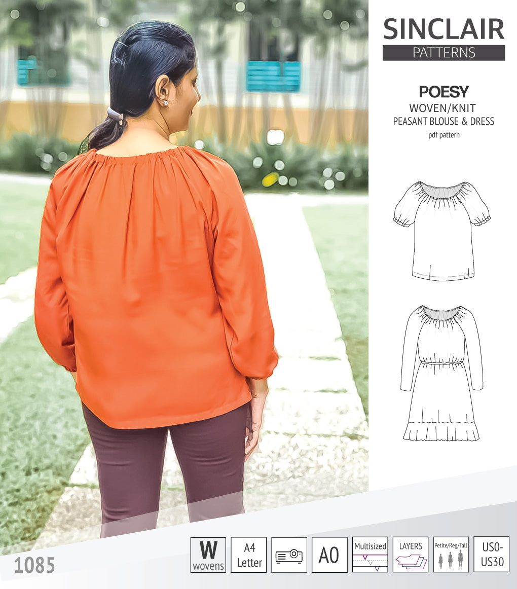 Sinclair Patterns S1085 Poesy peasant style blouse tunic and dress for woven and knit fabrics