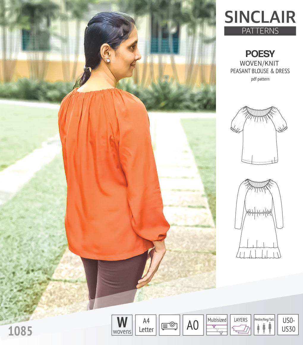 Sinclair Patterns S1085 Poesy peasant style blouse tunic and dress for woven and knit fabrics