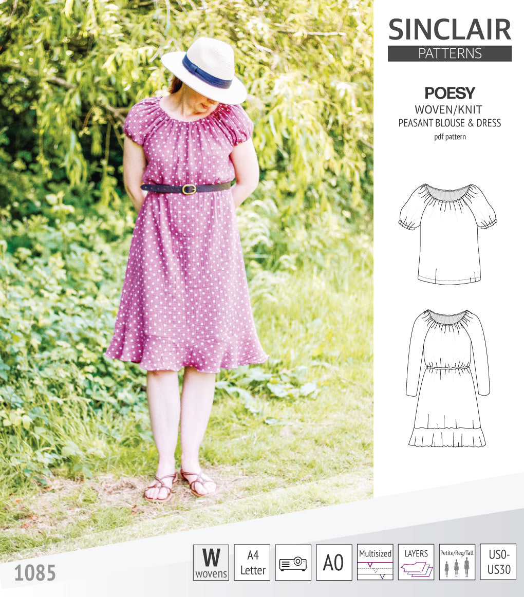 Sinclair Patterns S1085 Poesy peasant style blouse tunic and dress for woven and knit fabrics