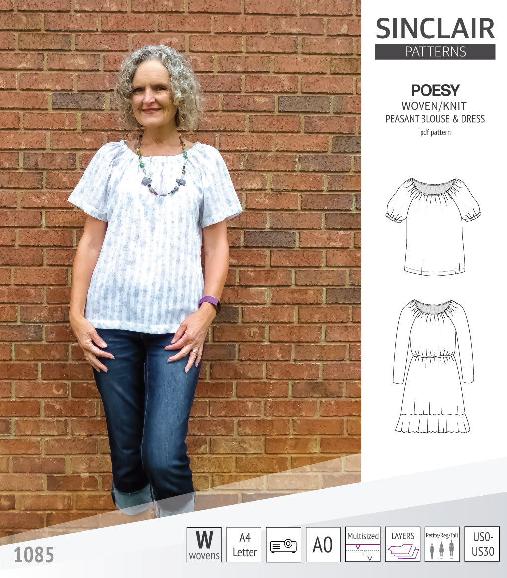 Sinclair Patterns S1085 Poesy peasant style blouse tunic and dress for woven and knit fabrics