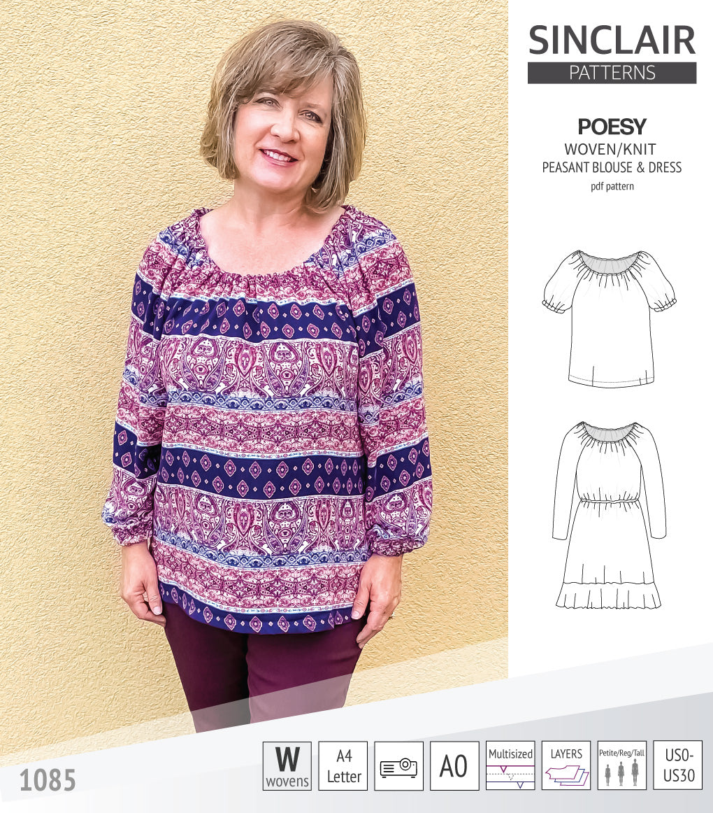 Sinclair Patterns S1085 Poesy peasant style blouse tunic and dress for woven and knit fabrics