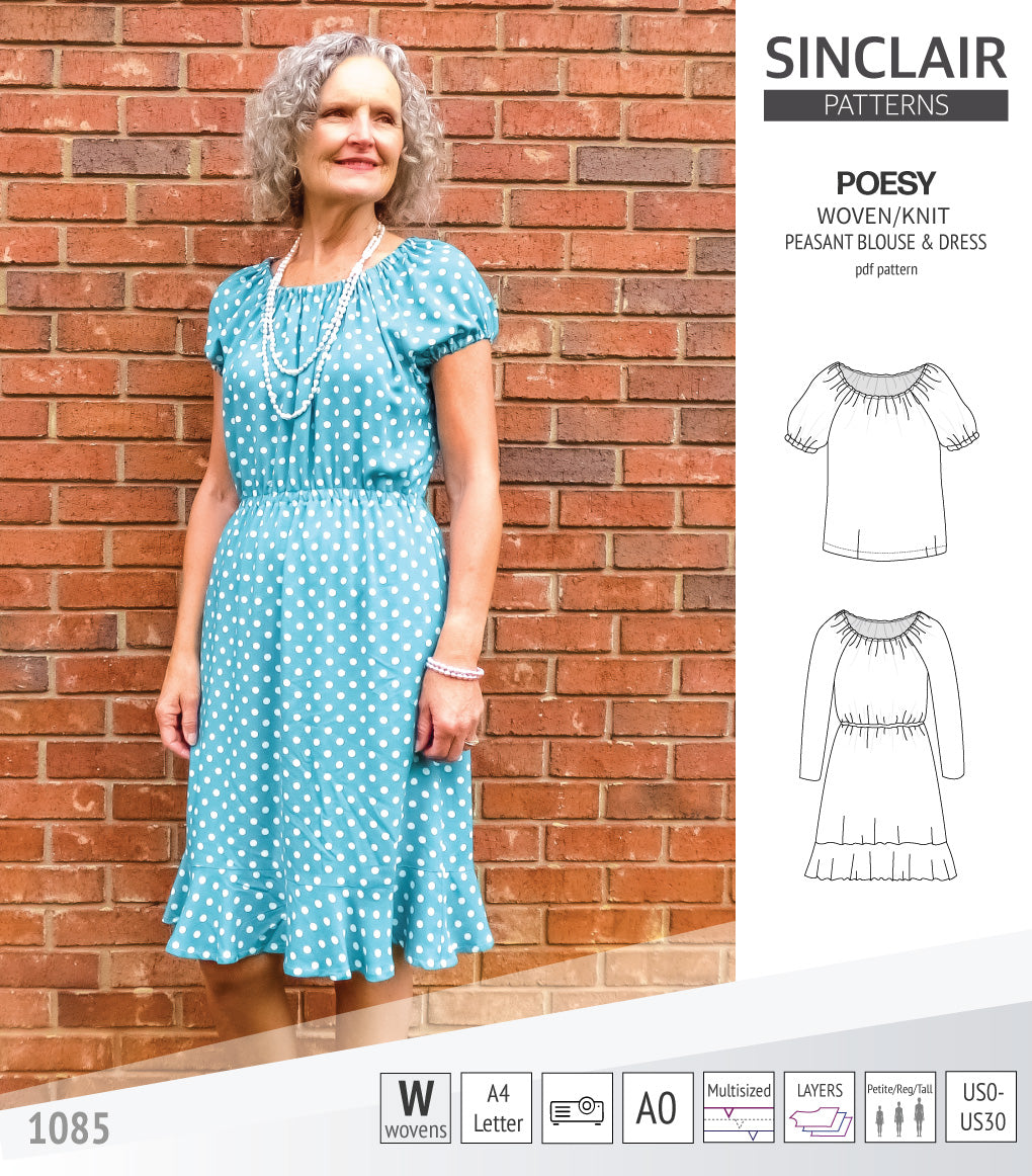 Sinclair Patterns S1085 Poesy peasant style blouse tunic and dress for woven and knit fabrics