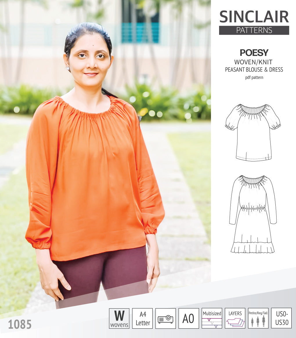 Sinclair Patterns S1085 Poesy peasant style blouse tunic and dress for woven and knit fabrics