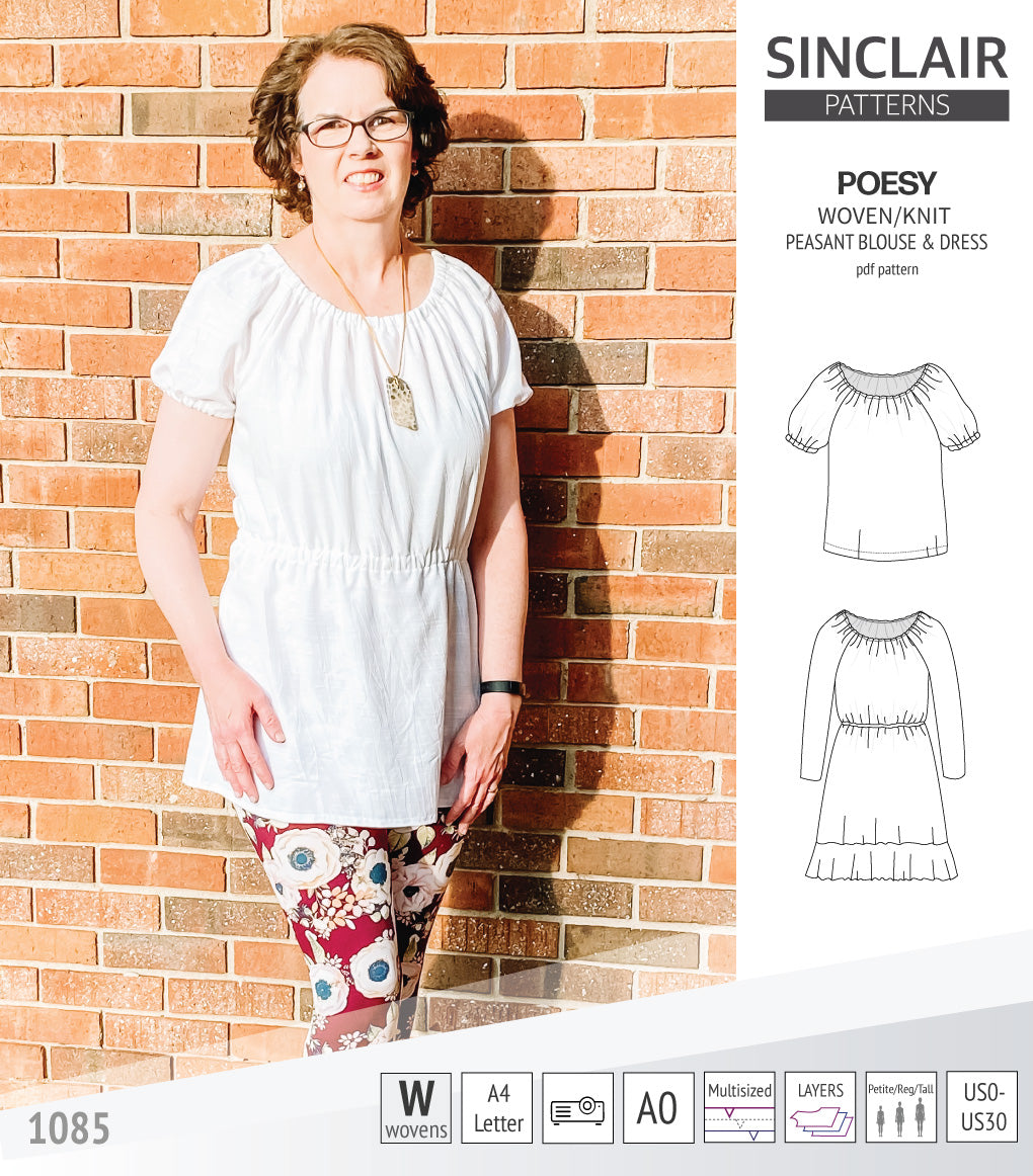 Sinclair Patterns S1085 Poesy peasant style blouse tunic and dress for woven and knit fabrics