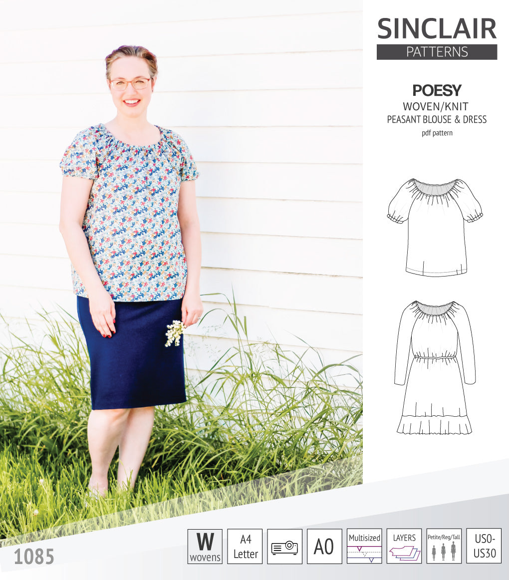Sinclair Patterns S1085 Poesy peasant style blouse tunic and dress for woven and knit fabrics
