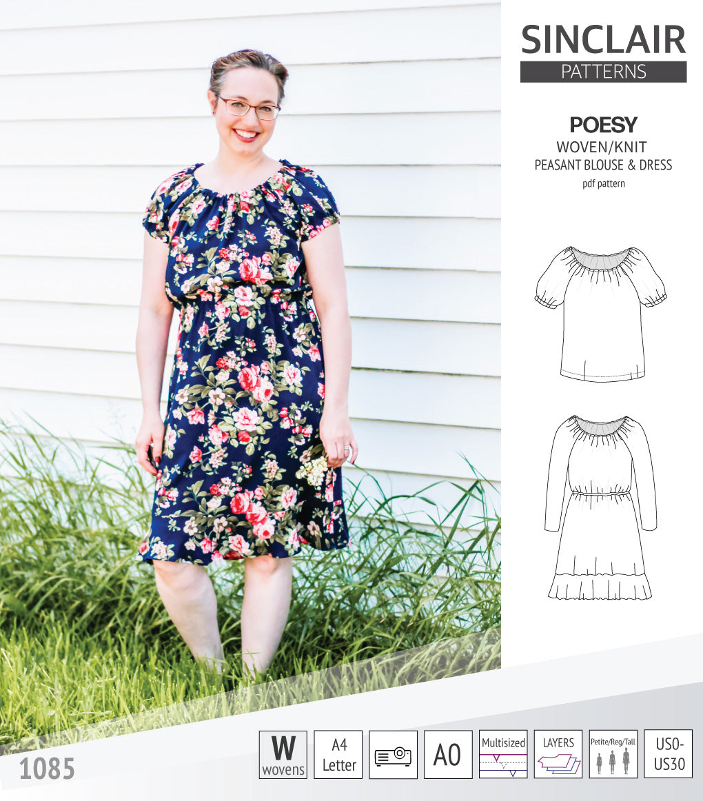 Sinclair Patterns S1085 Poesy peasant style blouse tunic and dress for woven and knit fabrics