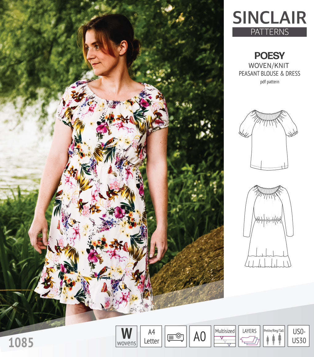 Sinclair Patterns S1085 Poesy peasant style blouse tunic and dress for woven and knit fabrics