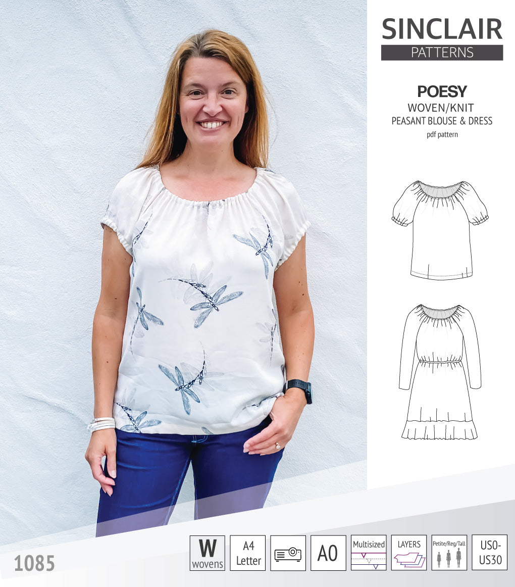 Sinclair Patterns S1085 Poesy peasant style blouse tunic and dress for woven and knit fabrics