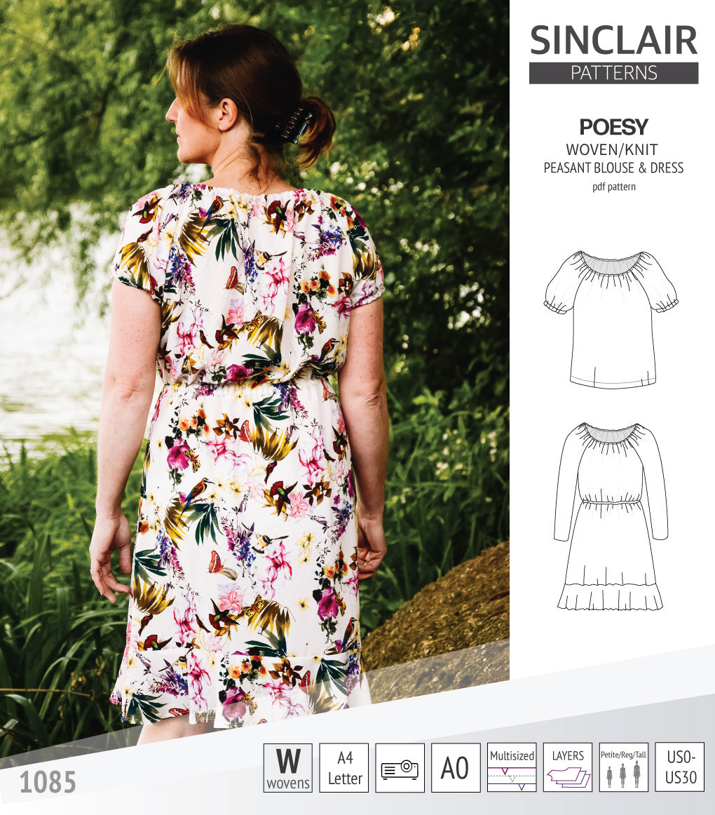 Sinclair Patterns S1085 Poesy peasant style blouse tunic and dress for woven and knit fabrics