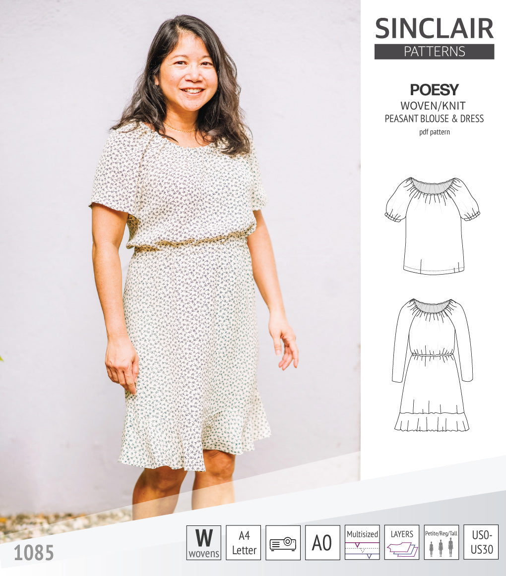 Sinclair Patterns S1085 Poesy peasant style blouse tunic and dress for woven and knit fabrics