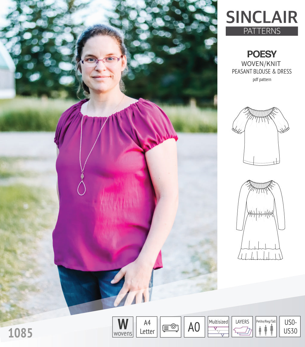 Sinclair Patterns S1085 Poesy peasant style blouse tunic and dress for woven and knit fabrics