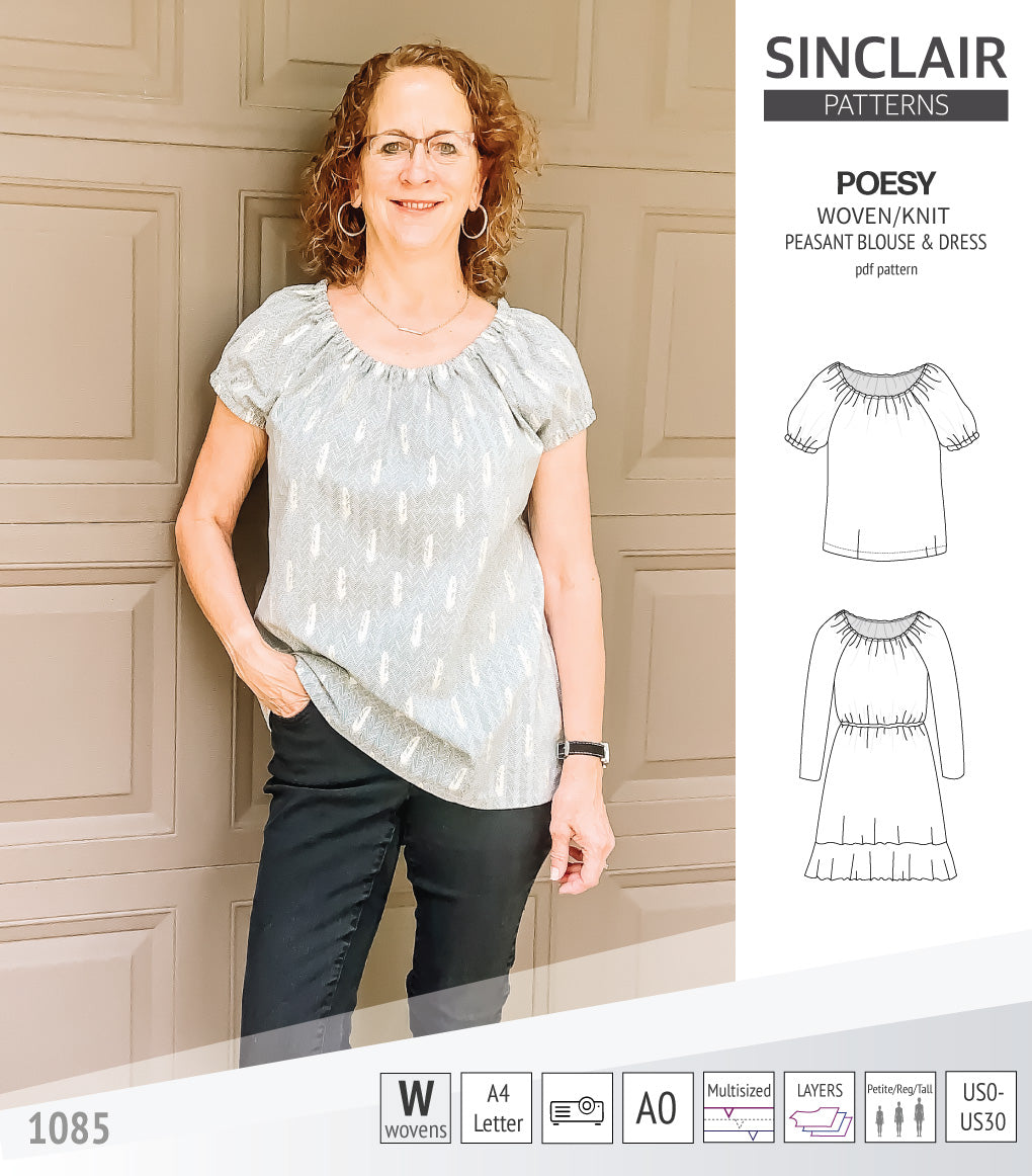 Sinclair Patterns S1085 Poesy peasant style blouse tunic and dress for woven and knit fabrics