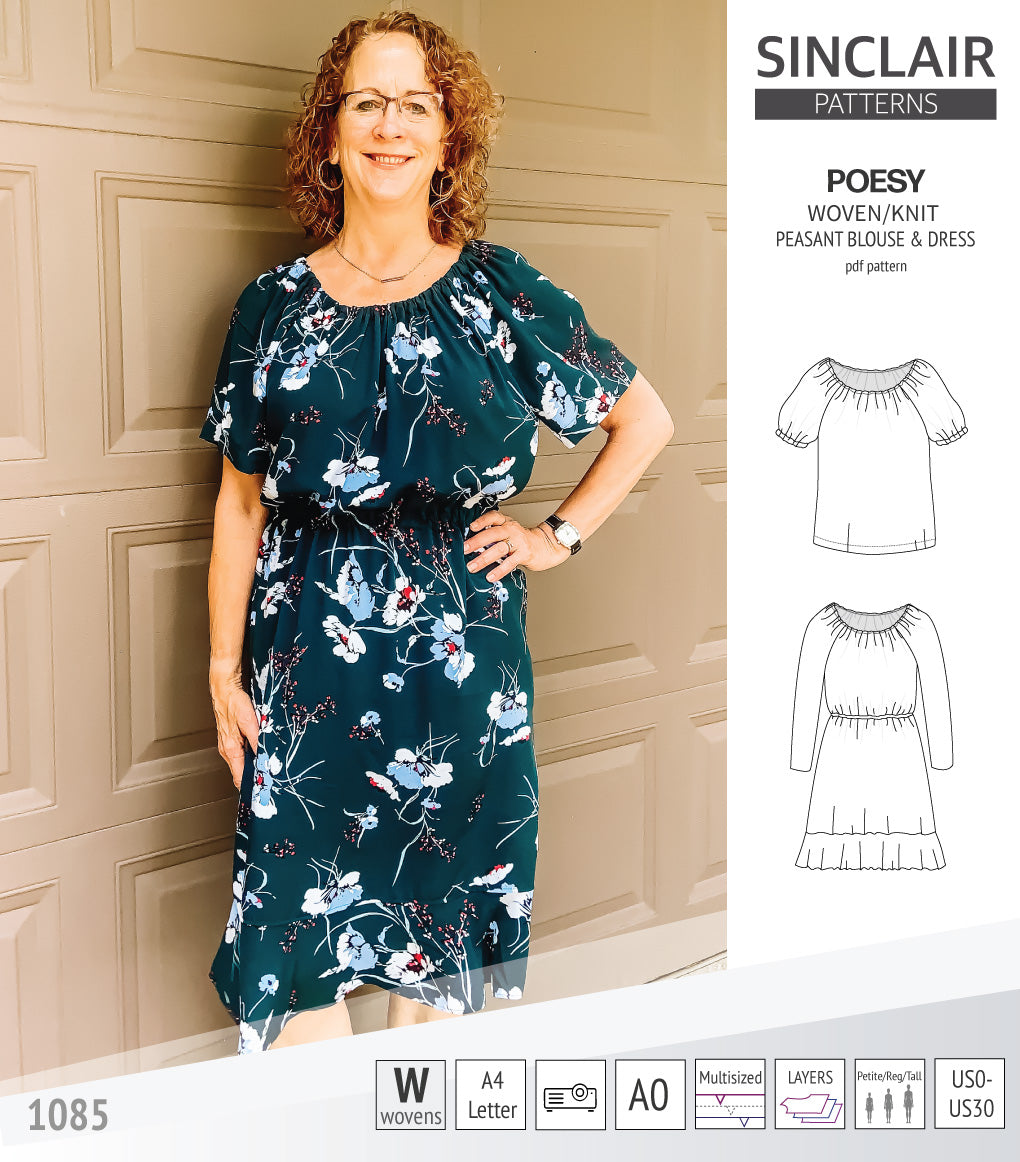 Sinclair Patterns S1085 Poesy peasant style blouse tunic and dress for woven and knit fabrics