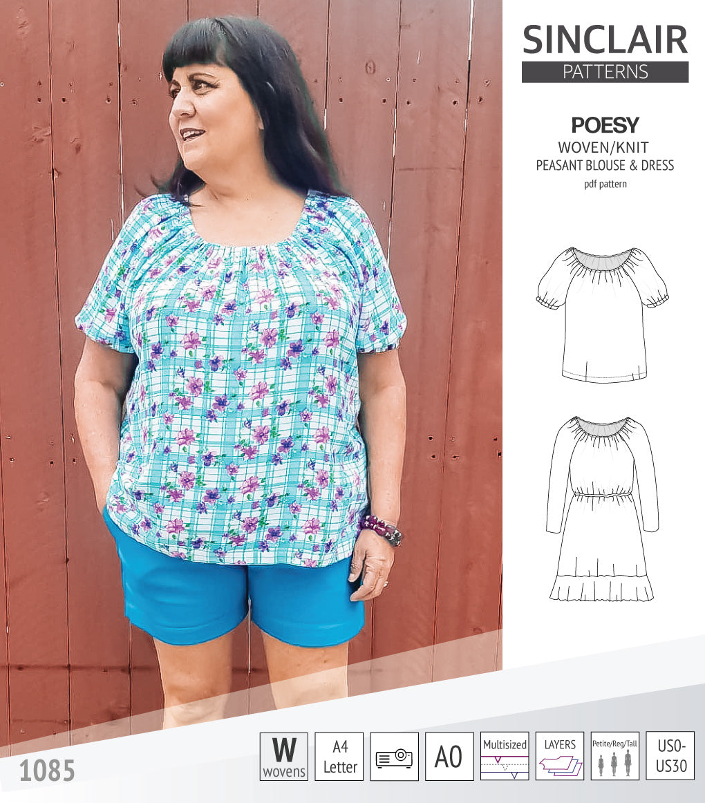 Sinclair Patterns S1085 Poesy peasant style blouse tunic and dress for woven and knit fabrics