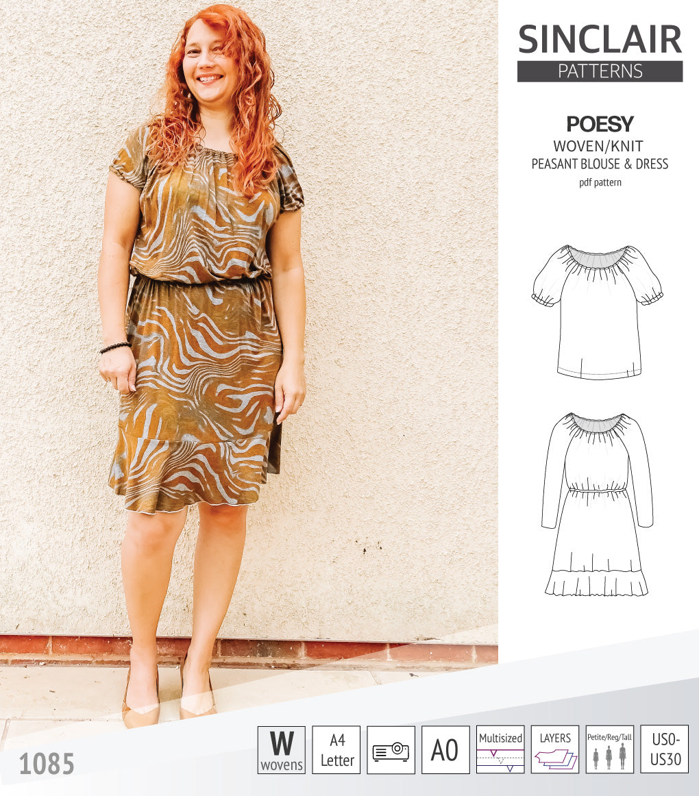 Sinclair Patterns S1085 Poesy peasant style blouse tunic and dress for woven and knit fabrics