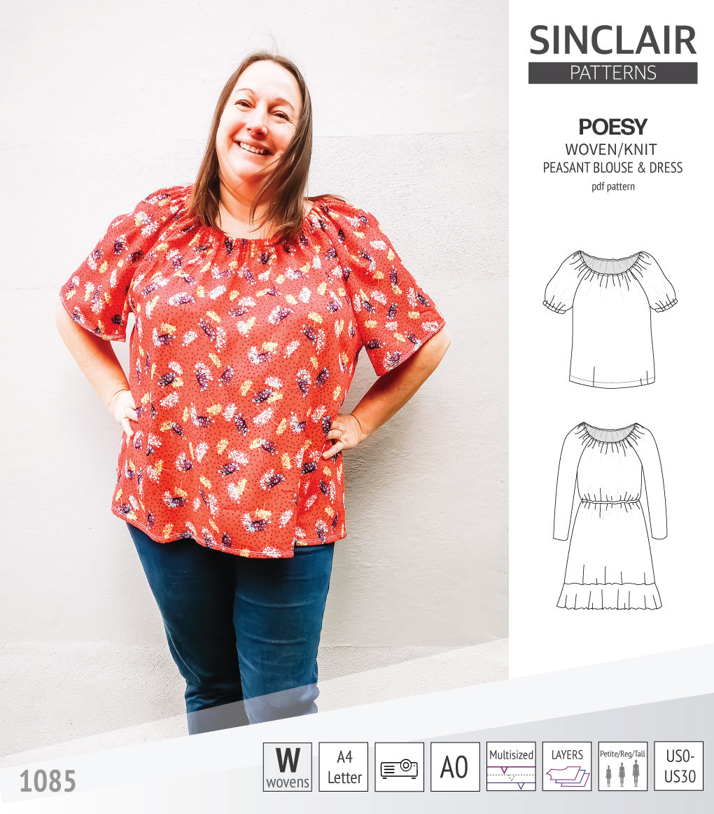 Sinclair Patterns S1085 Poesy peasant style blouse tunic and dress for woven and knit fabrics