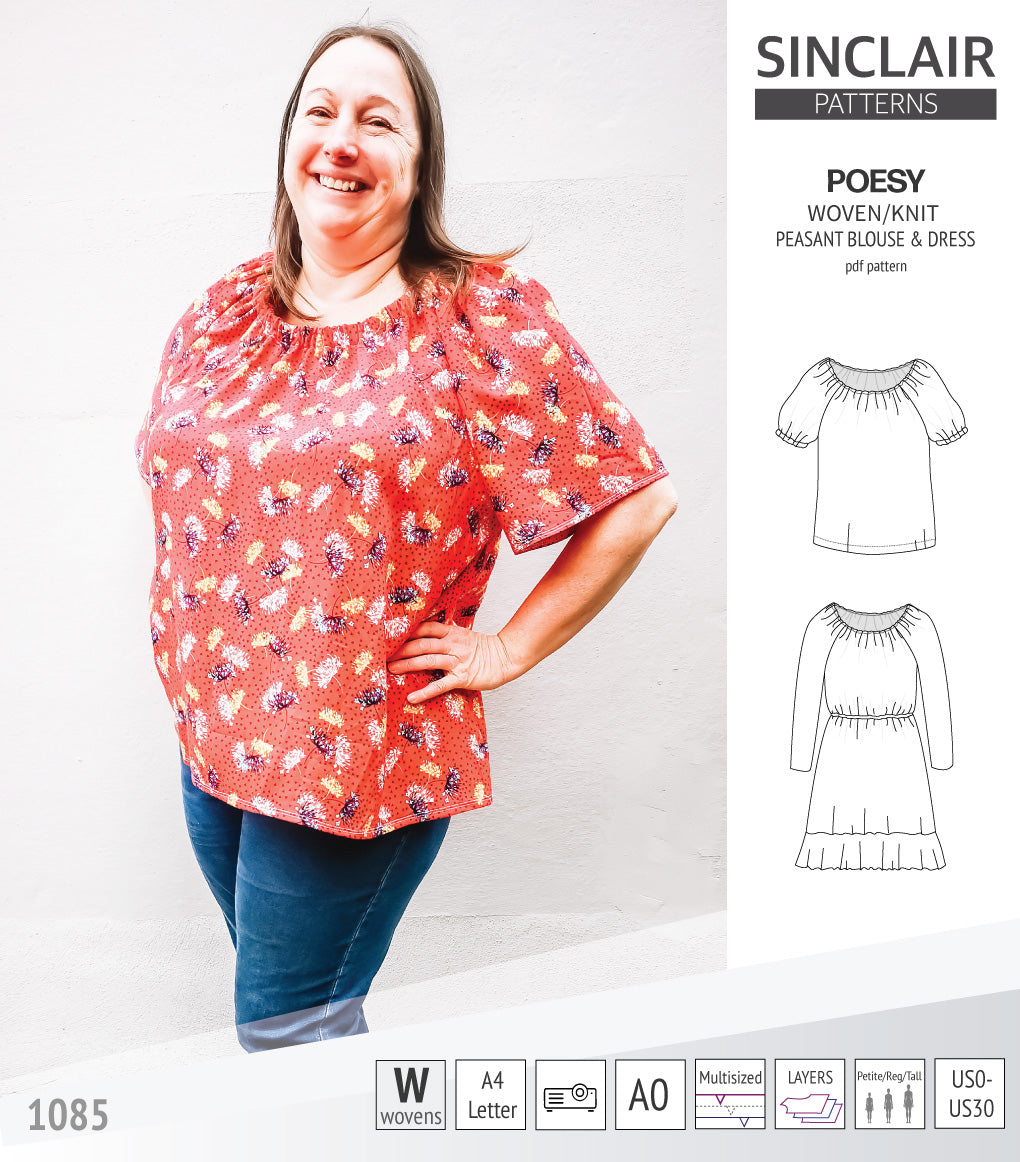 Sinclair Patterns S1085 Poesy peasant style blouse tunic and dress for woven and knit fabrics