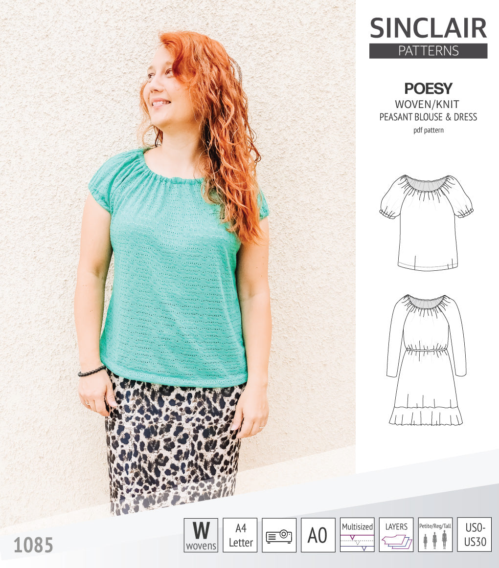 Sinclair Patterns S1085 Poesy peasant style blouse tunic and dress for woven and knit fabrics