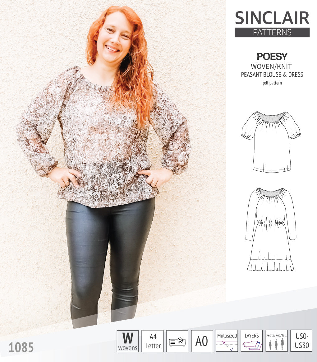 Sinclair Patterns S1085 Poesy peasant style blouse tunic and dress for woven and knit fabrics