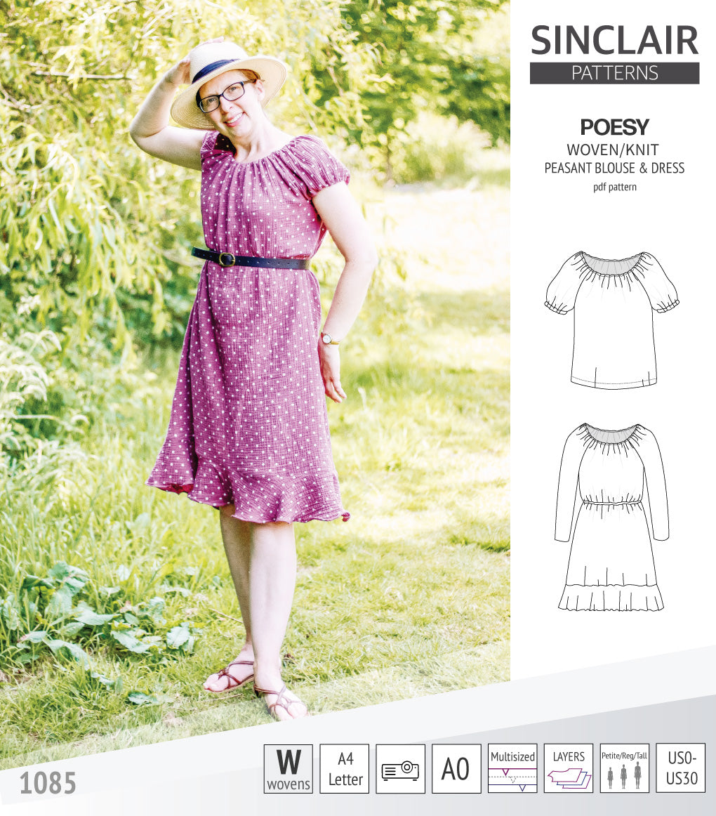 Sinclair Patterns S1085 Poesy peasant style blouse tunic and dress for woven and knit fabrics