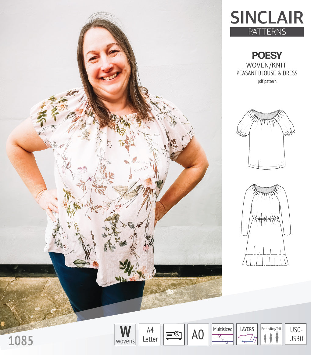 Sinclair Patterns S1085 Poesy peasant style blouse tunic and dress for woven and knit fabrics