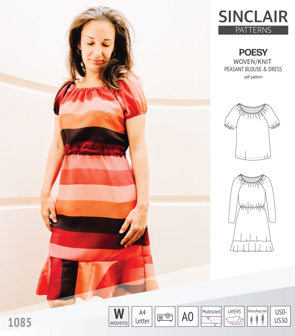 Sinclair Patterns S1085 Poesy peasant style blouse tunic and dress for woven and knit fabrics