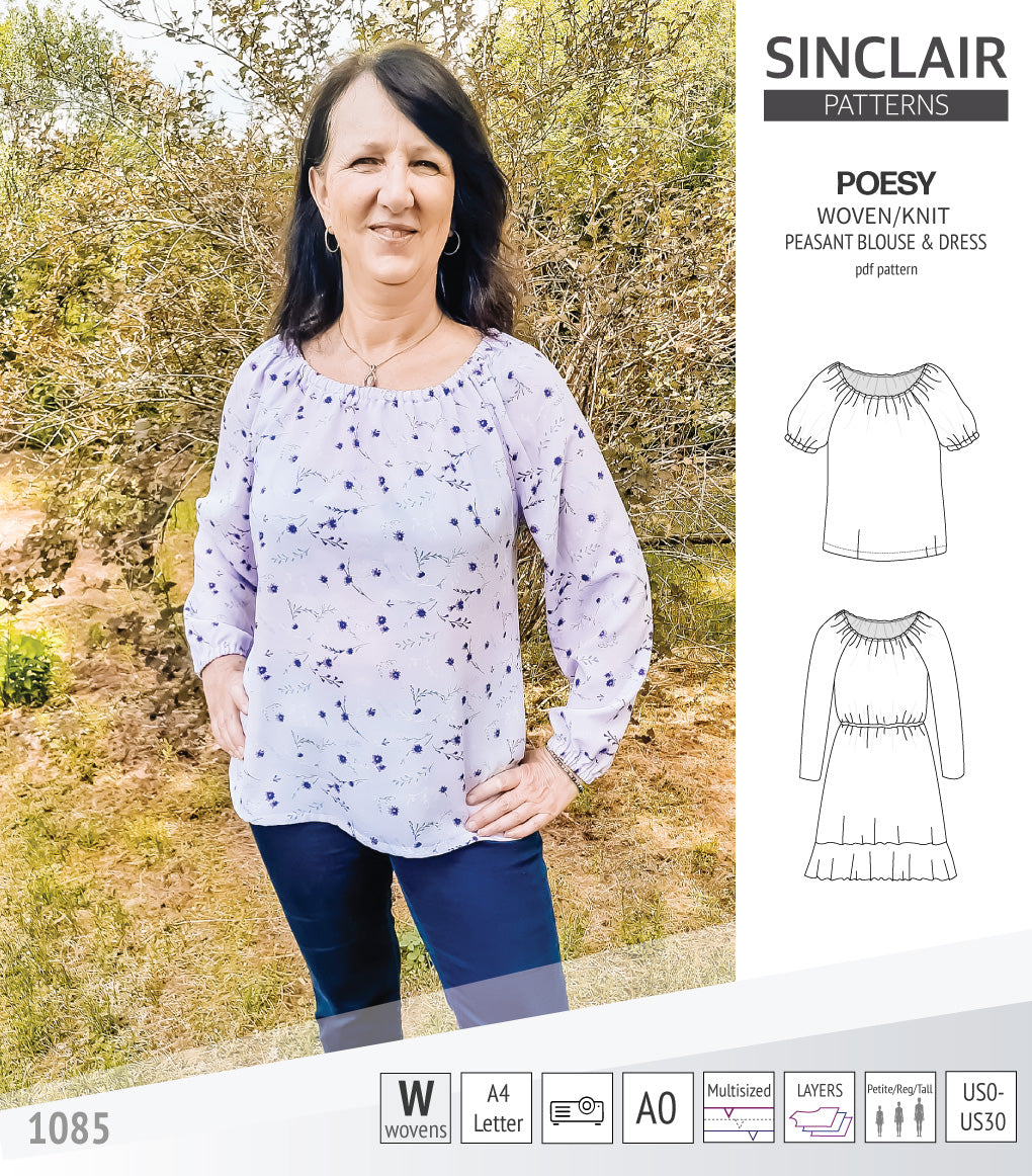 Sinclair Patterns S1085 Poesy peasant style blouse tunic and dress for woven and knit fabrics