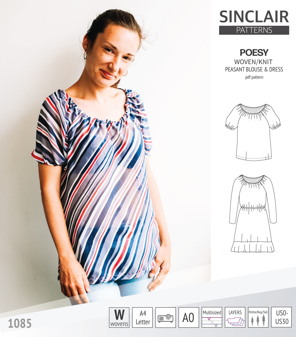 Sinclair Patterns S1085 Poesy peasant style blouse tunic and dress for woven and knit fabrics