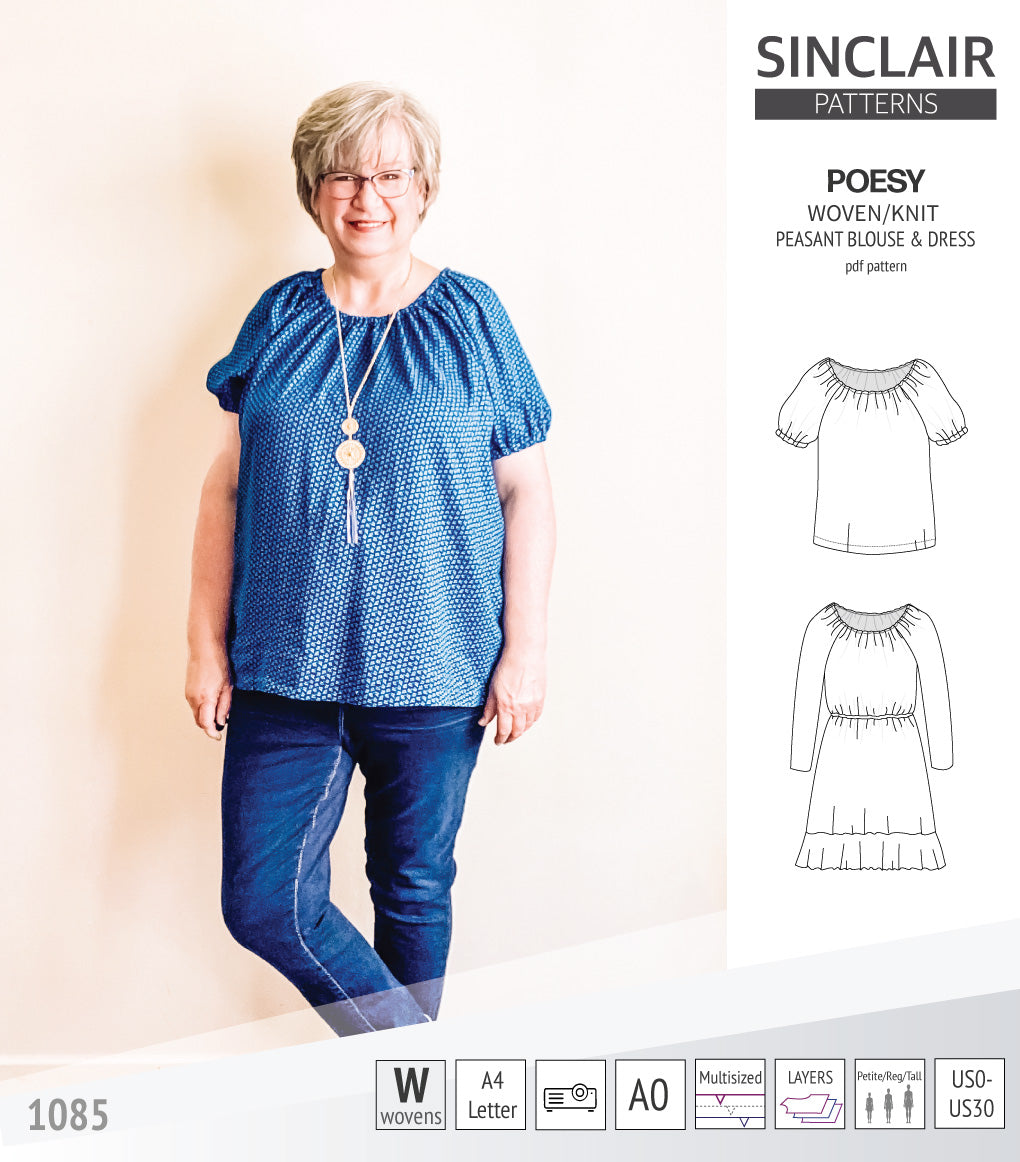 Sinclair Patterns S1085 Poesy peasant style blouse tunic and dress for woven and knit fabrics
