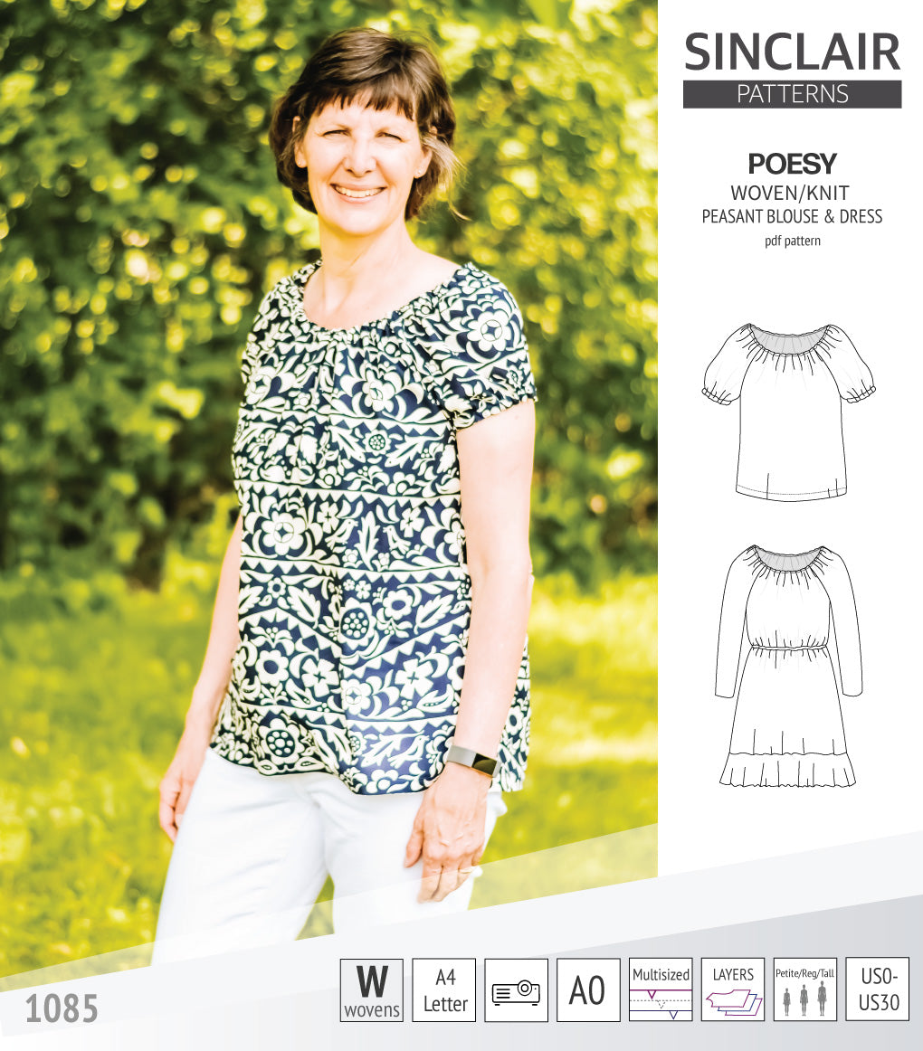 Sinclair Patterns S1085 Poesy peasant style blouse tunic and dress for woven and knit fabrics