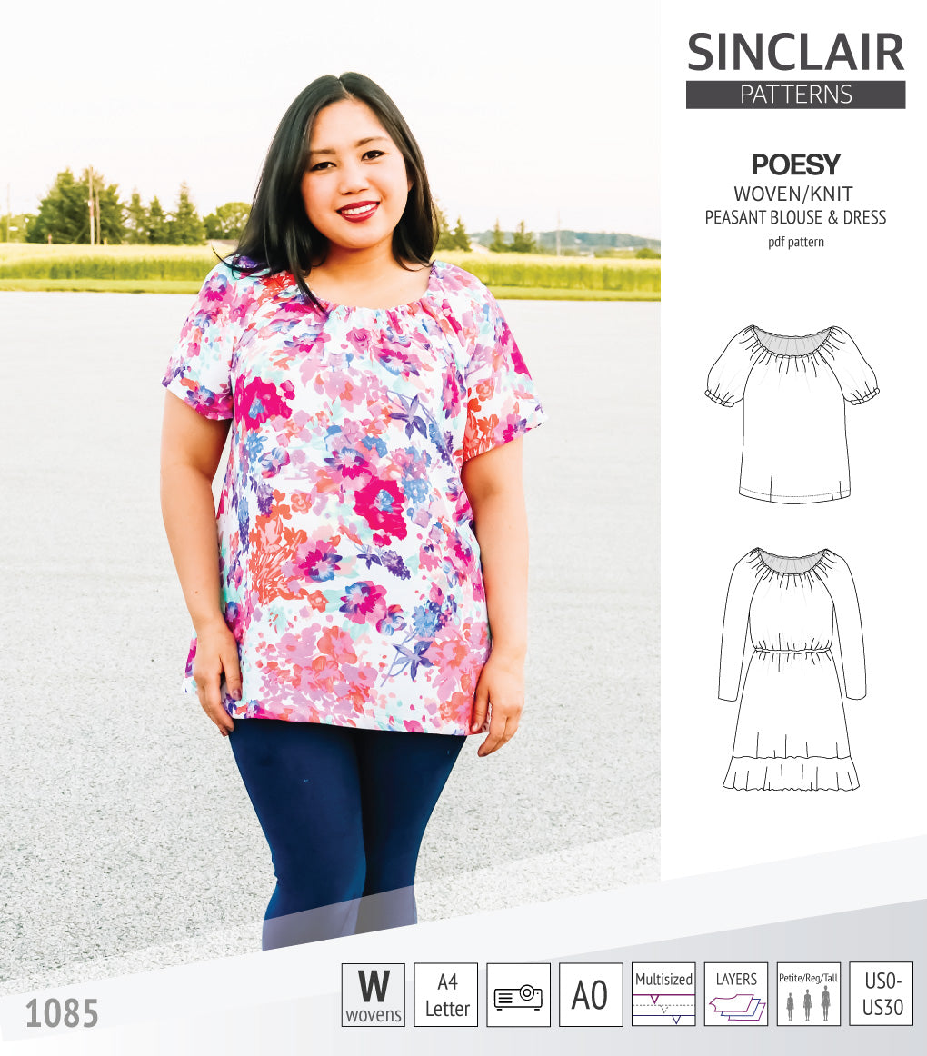 Sinclair Patterns S1085 Poesy peasant style blouse tunic and dress for woven and knit fabrics