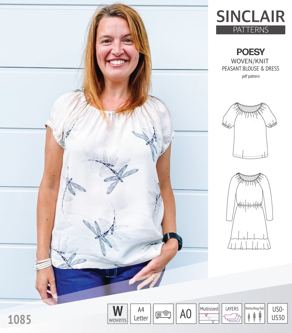 Sinclair Patterns S1085 Poesy peasant style blouse tunic and dress for woven and knit fabrics
