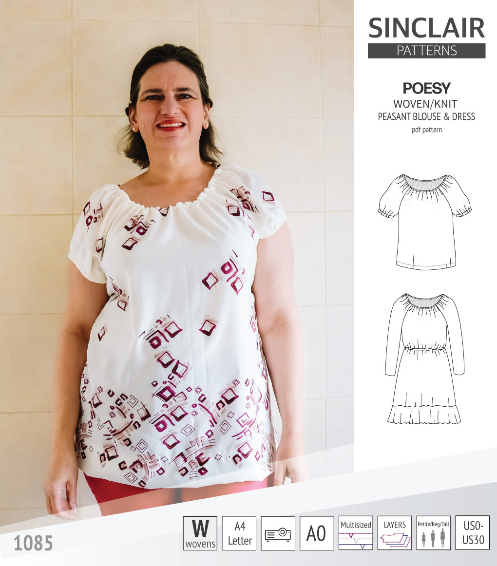 Sinclair Patterns S1085 Poesy peasant style blouse tunic and dress for woven and knit fabrics