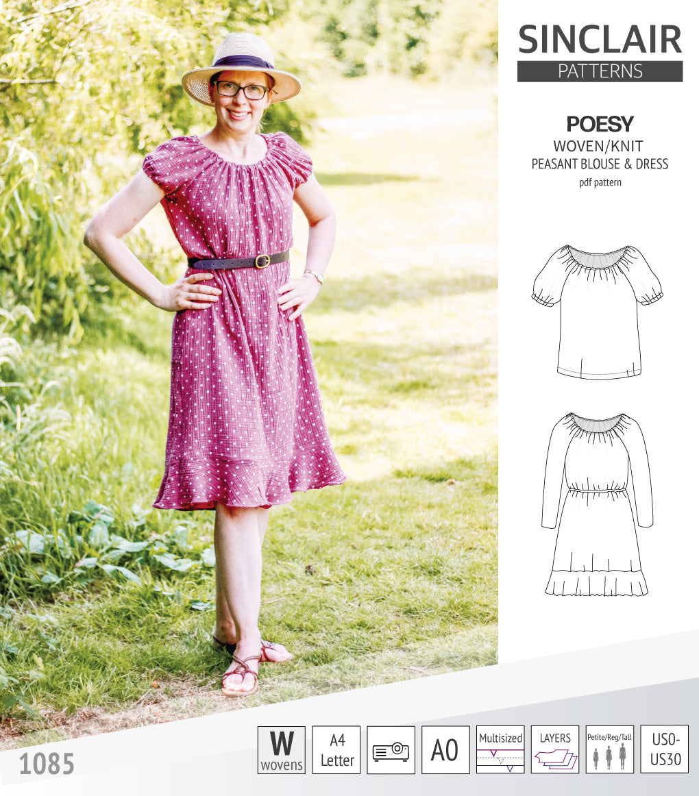 Sinclair Patterns S1085 Poesy peasant style blouse tunic and dress for woven and knit fabrics