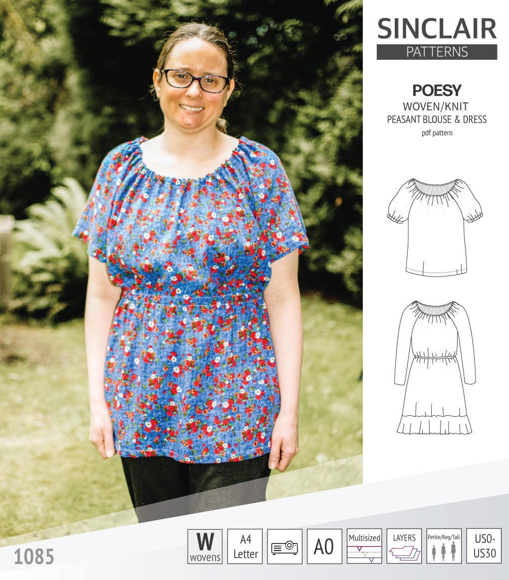 Sinclair Patterns S1085 Poesy peasant style blouse tunic and dress for woven and knit fabrics