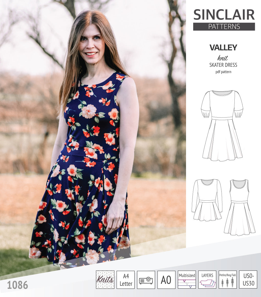 Sinclair Patterns S1086 Valley fit and flare skater dress for knit fabrics pdf sewing pattern