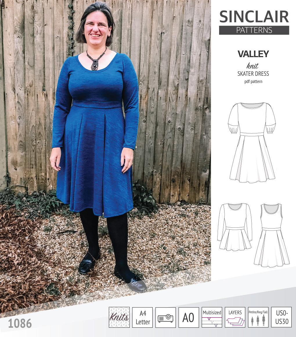 Sinclair Patterns S1086 Valley fit and flare skater dress for knit fabrics pdf sewing pattern
