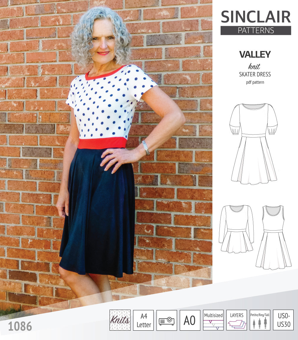 Sinclair Patterns S1086 Valley fit and flare skater dress for knit fabrics pdf sewing pattern