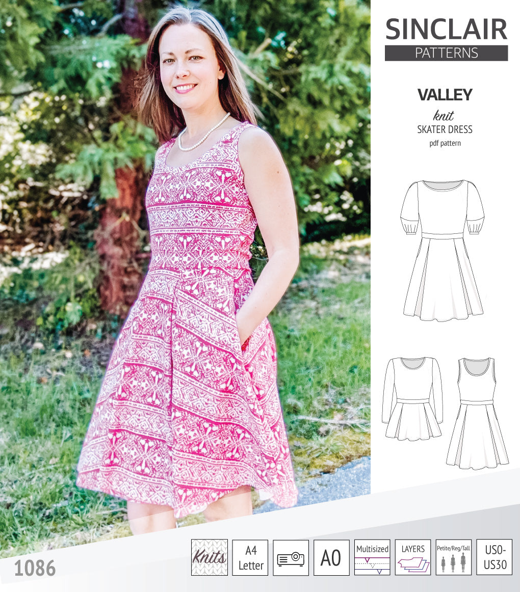 Sinclair Patterns S1086 Valley fit and flare skater dress for knit fabrics pdf sewing pattern