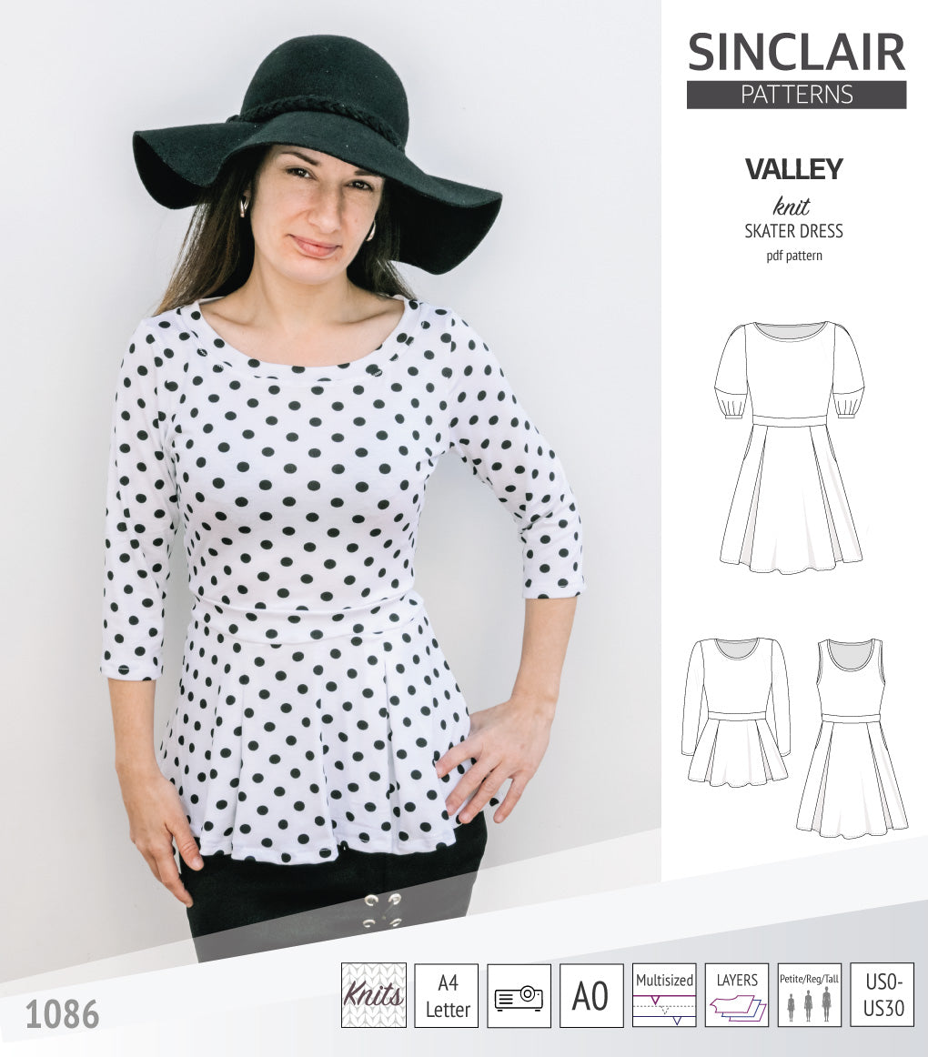 Sinclair Patterns S1086 Valley fit and flare skater dress for knit fabrics pdf sewing pattern